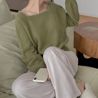 Pull décontracté pour femmes avec col en perles élégant Chic und Stil