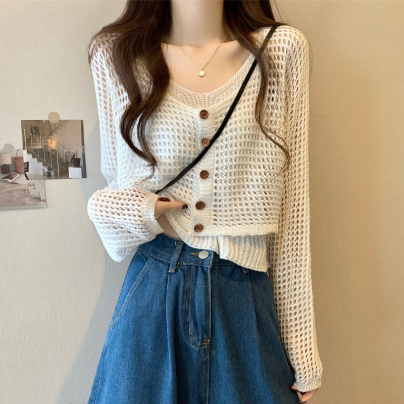 Dames cardigan décontracté en tricot avec motif en filet et fermeture à bouton Chic und Stil