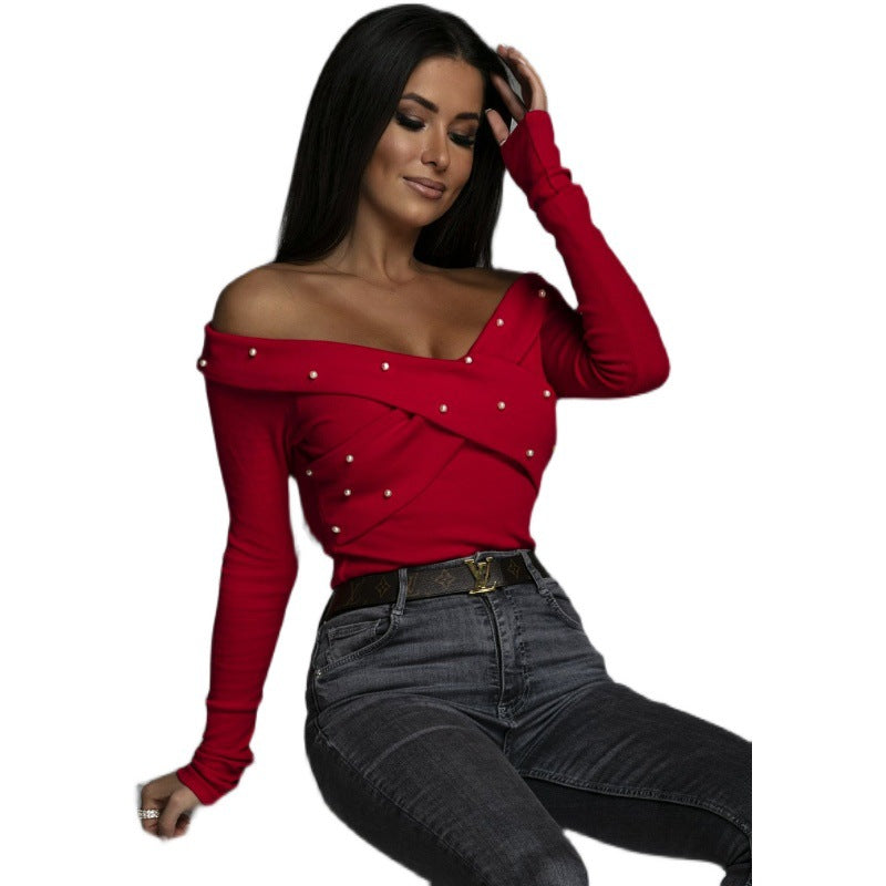 Top femme off-shoulder avec ornements en perles Chic und Stil