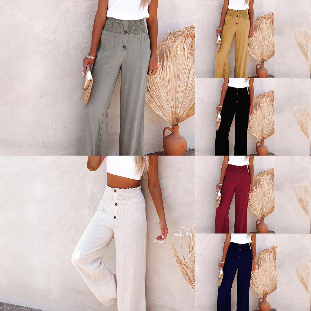 High-waisted wide-leg pants for women with decorative button detail and elastic waistband Chic und Stil