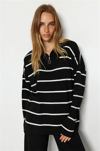 Pull en tricot décontracté pour femmes avec demi-zipp et coupe large Chic und Stil