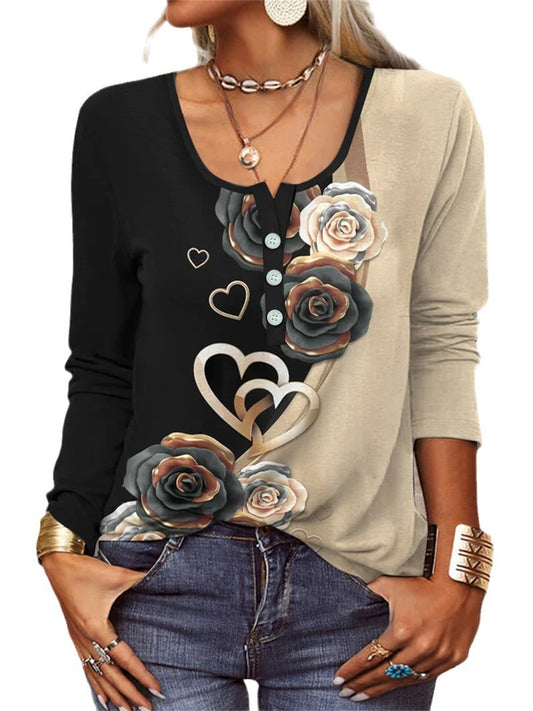 T-shirt à manches longues pour femmes avec un design floral en forme de cœur et une patte de boutonnage Chic und Stil