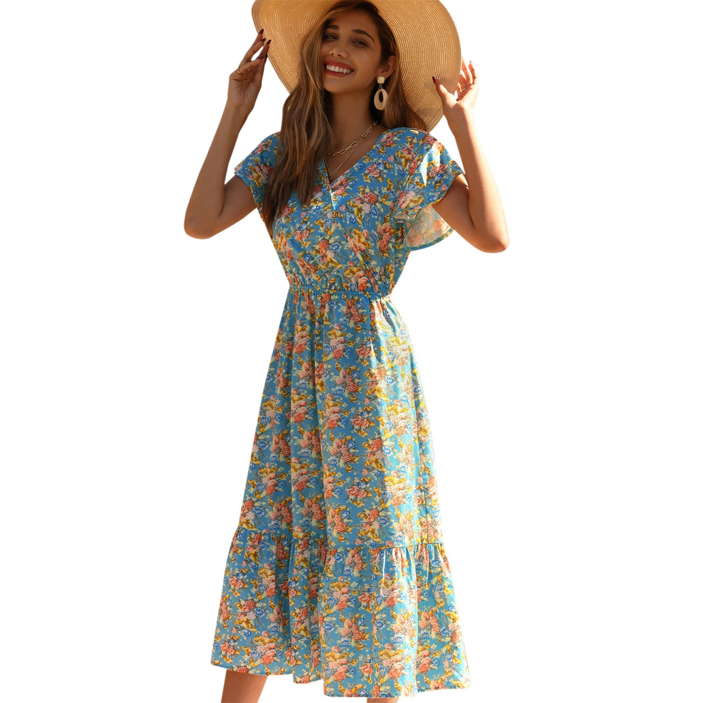 Robe maxi d'été pour femmes avec des motifs floraux et un insert élastique à la taille Chic und Stil