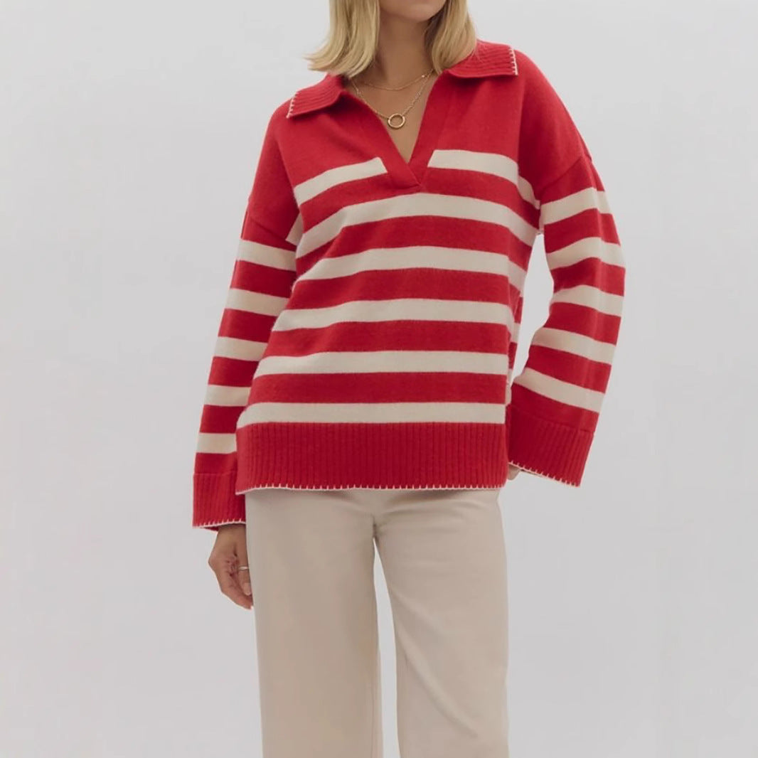 Pulls en tricot douillets pour femmes avec un motif rayé moderne et un décolleté en V Chic und Stil