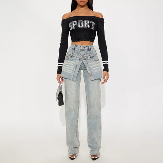 Asymmetrical design high-waisted denim pants for women Chic and Style