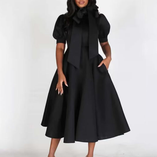 Dames Élégante Robe en A avec Col en Nœud et Manches Volantes Chic und Stil