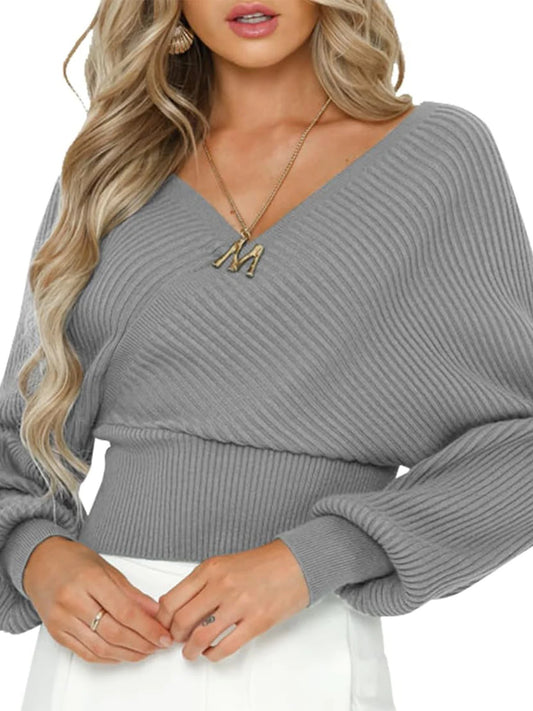 Pull femme décontracté à col en V avec des manches larges et une texture côtelée Chic und Stil