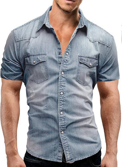 Chemise en denim à manches courtes pour hommes avec poches à rabat classiques Chic und Stil