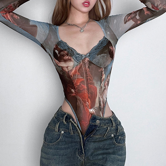 Dames Bodys transparents avec impression artistique Chic und Stil