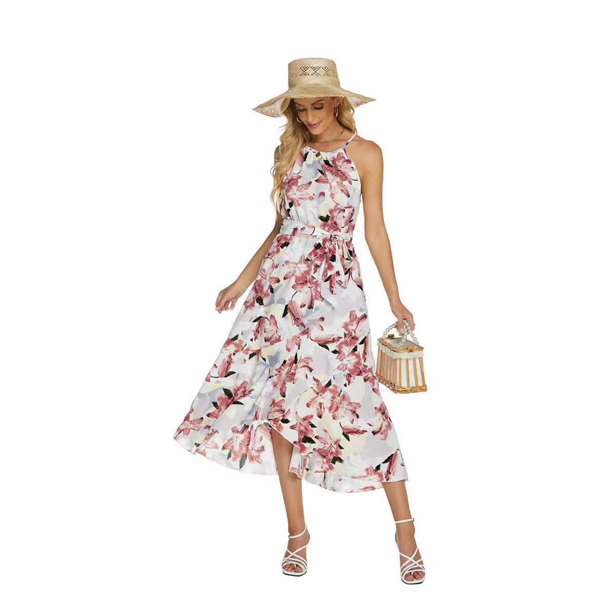 Dames Fleurs Robe Enveloppe Midi Chic und Stil
