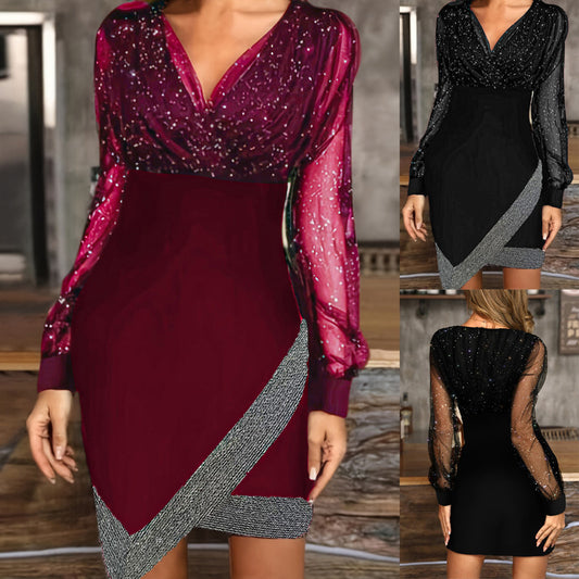 Femmes Robe portefeuille élégante avec des détails scintillants et des manches transparentes Chic und Stil