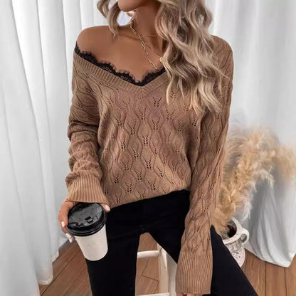 Pull en tricot pour femmes avec décolleté en V élégant et fine structure en dentelle Chic und Stil