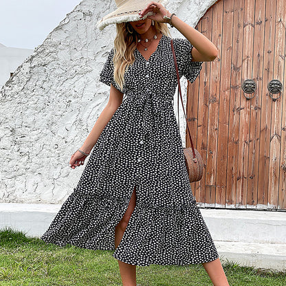 Robe maxi élégante à pois pour femmes avec lien de taille ajustable Chic und Stil