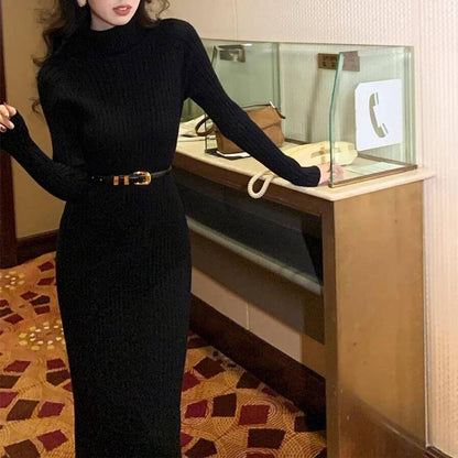 Robe en tricot élégante pour femmes avec col roulé haut et joli motif en côtes Chic und Stil