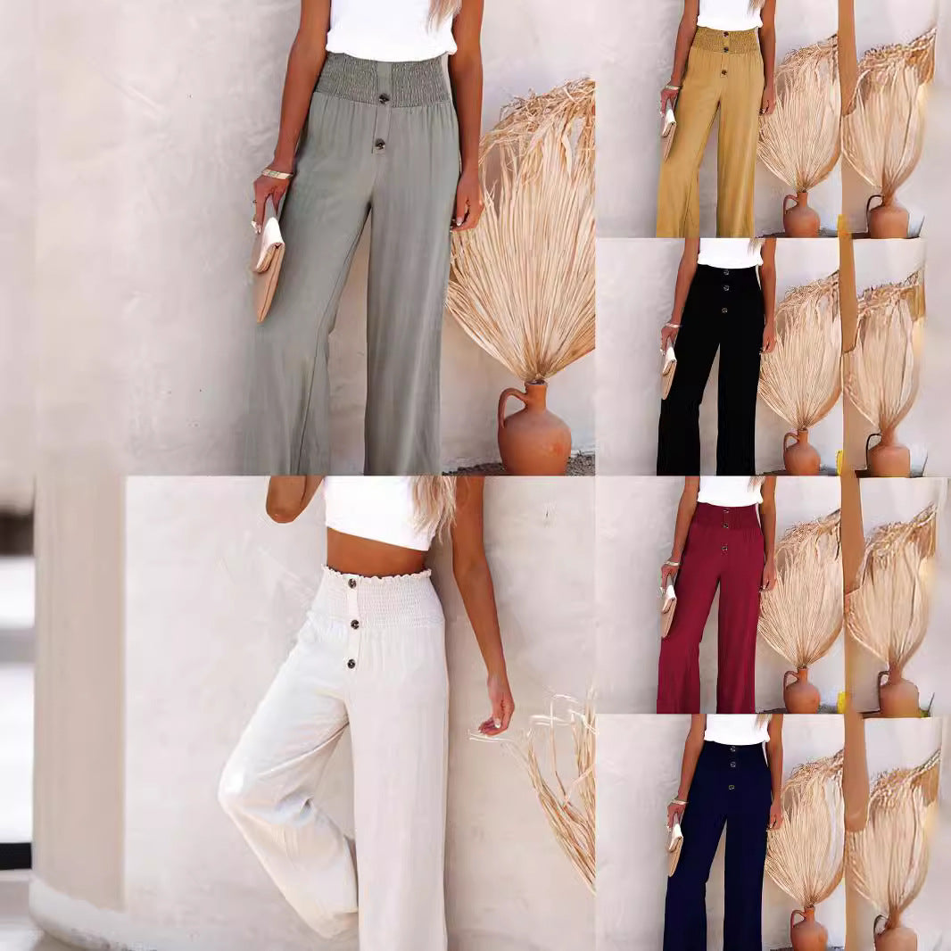 Women's wide-leg linen pants with elastic waistband and button details Chic and Style