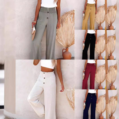 Women's wide-leg linen pants with elastic waistband and button details Chic and Style