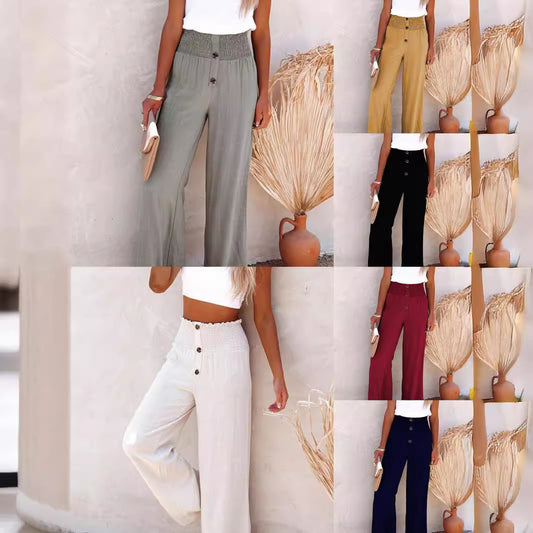 Women's wide-leg linen pants with elastic waistband and button details Chic and Style