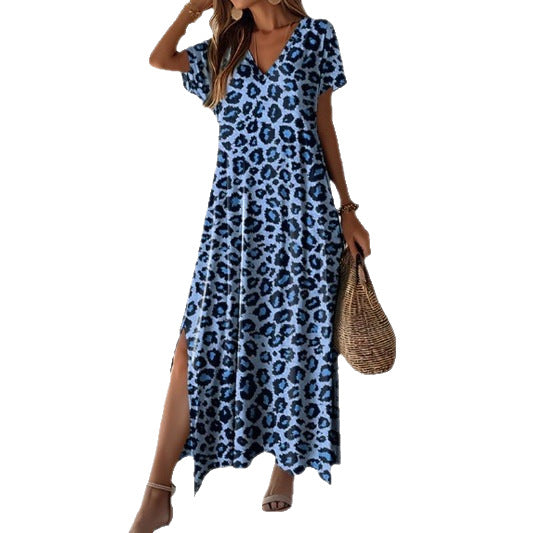 Robe maxi pour femmes au motif léopard moderne avec fentes latérales et décolleté en V Chic und Stil