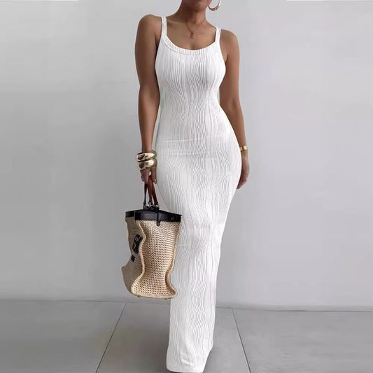 Femme Robe maxi élégante avec structure en rib et fines bretelles Chic und Stil