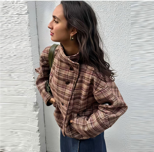 Women Plaid Trendy Jacket with Chic Turtleneck and Style