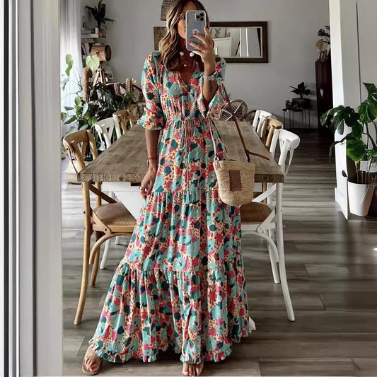 Robe maxi pour femmes avec décolleté en V noué et manches volumineuses Chic und Stil