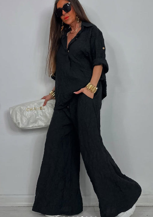 Ensemble de pantalon décontracté pour femmes avec une structure vanisée et un haut noué Chic und Stil