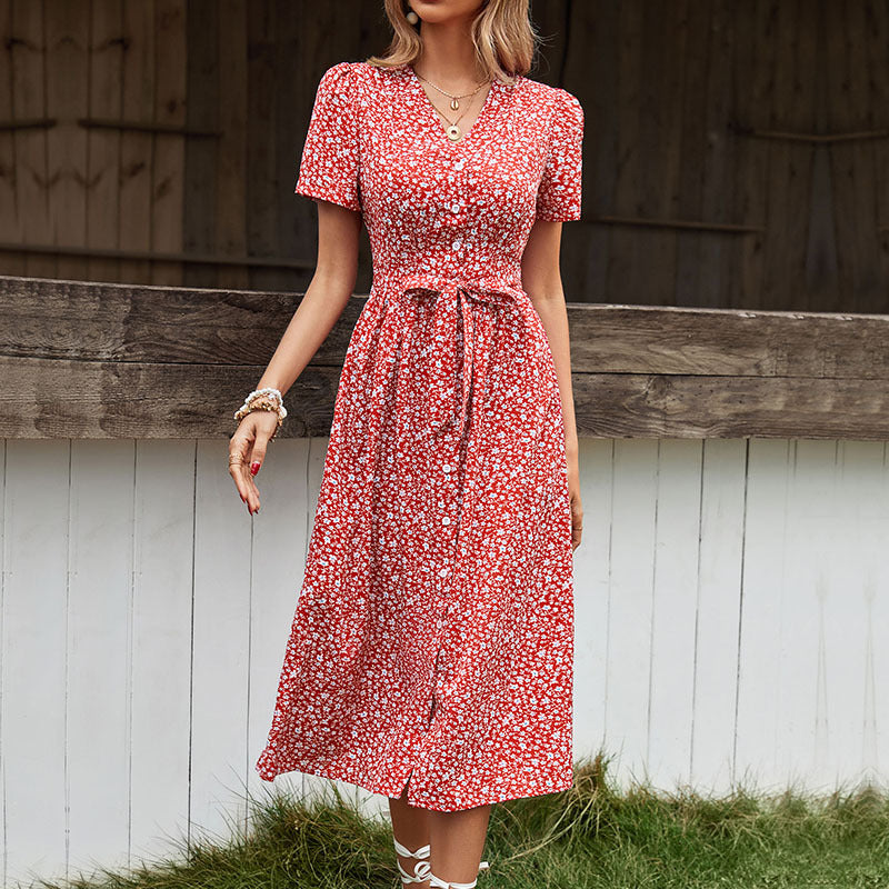 Robe midi A-ligne pour femmes avec fermeture à boutons à l'avant et taille avec ceinture à nouer Chic und Stil