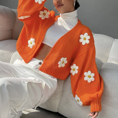 Cardigan court en tricot pour femmes avec un motif floral fantaisiste Chic und Stil