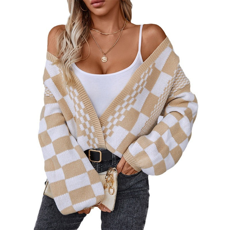 Cardigan décontracté pour femmes à motif à carreaux tendance Chic und Stil