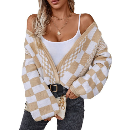 Cardigan décontracté pour femmes à motif à carreaux tendance Chic und Stil