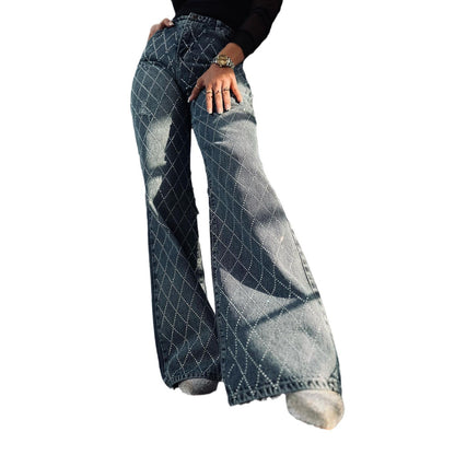 Dames élégantes jeans bootcut taille haute avec strass brillant Chic und Stil