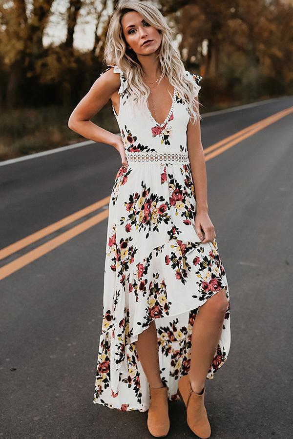 Dames Floral Haut-Bas Robe Maxi Chic und Stil