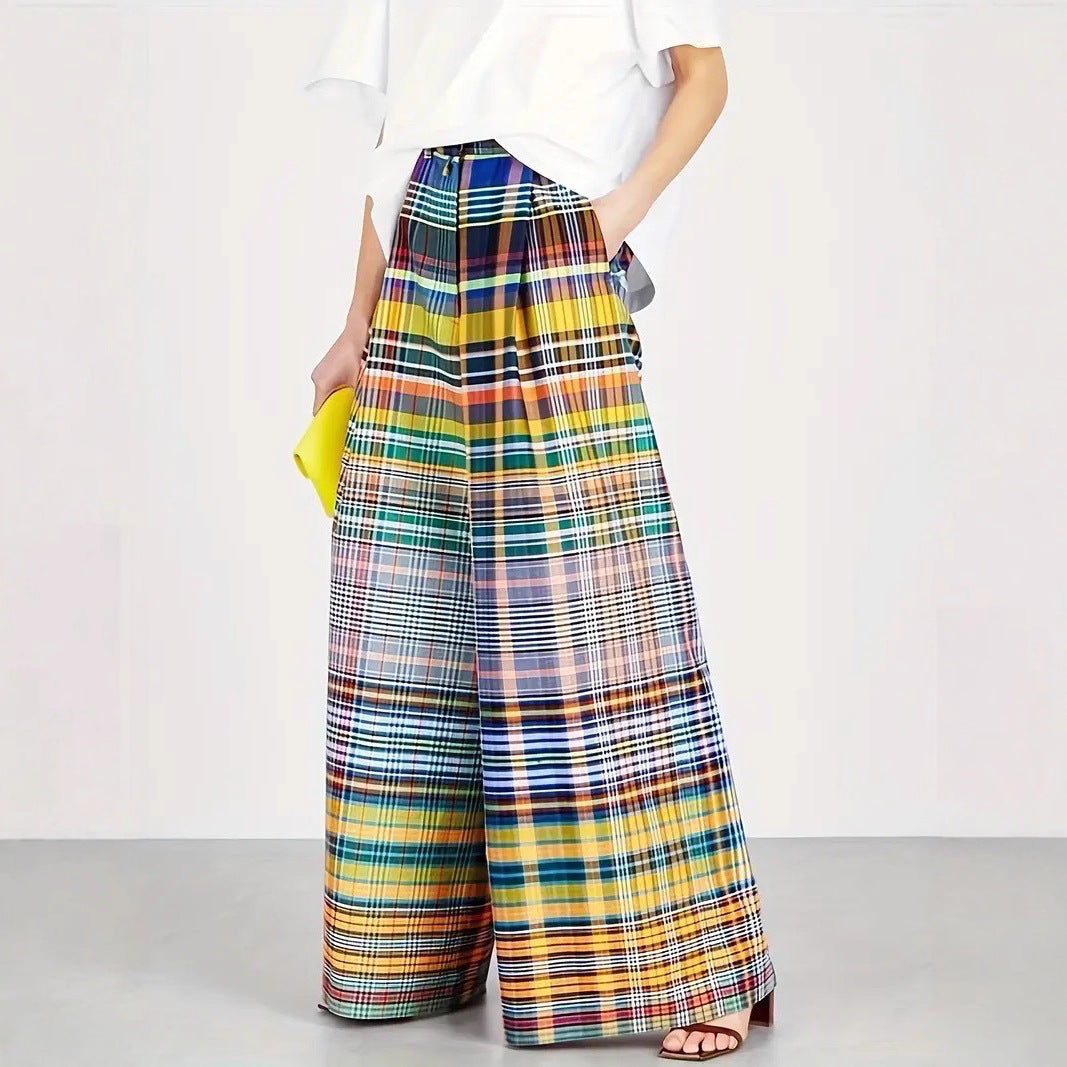 Pantalon à carreaux large pour femmes avec taille élastique et structure tissée solide Chic und Stil