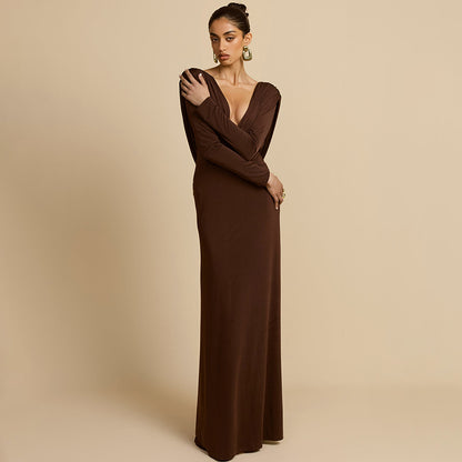 Robe maxi élégante pour femmes avec décolleté en V profond et manches longues Chic und Stil