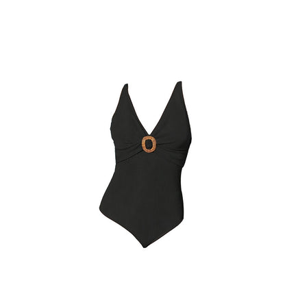 Ladies Ribbed V-neck One-piece Swimsuit with Decorative Accent Chic and Style