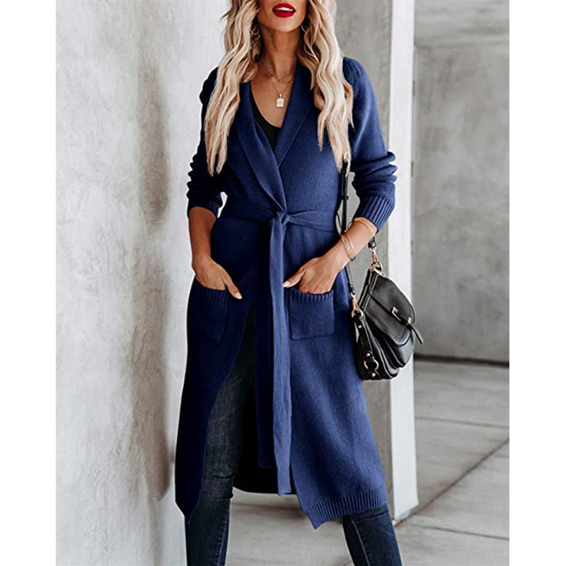 Dames élégant long Cardigan avec ceinture à la taille et poches Chic und Stil