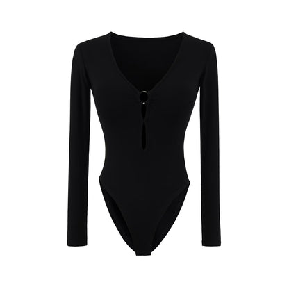 Body féminin à manches longues avec décolleté en V élégant et détail de bague décoratif Chic und Stil