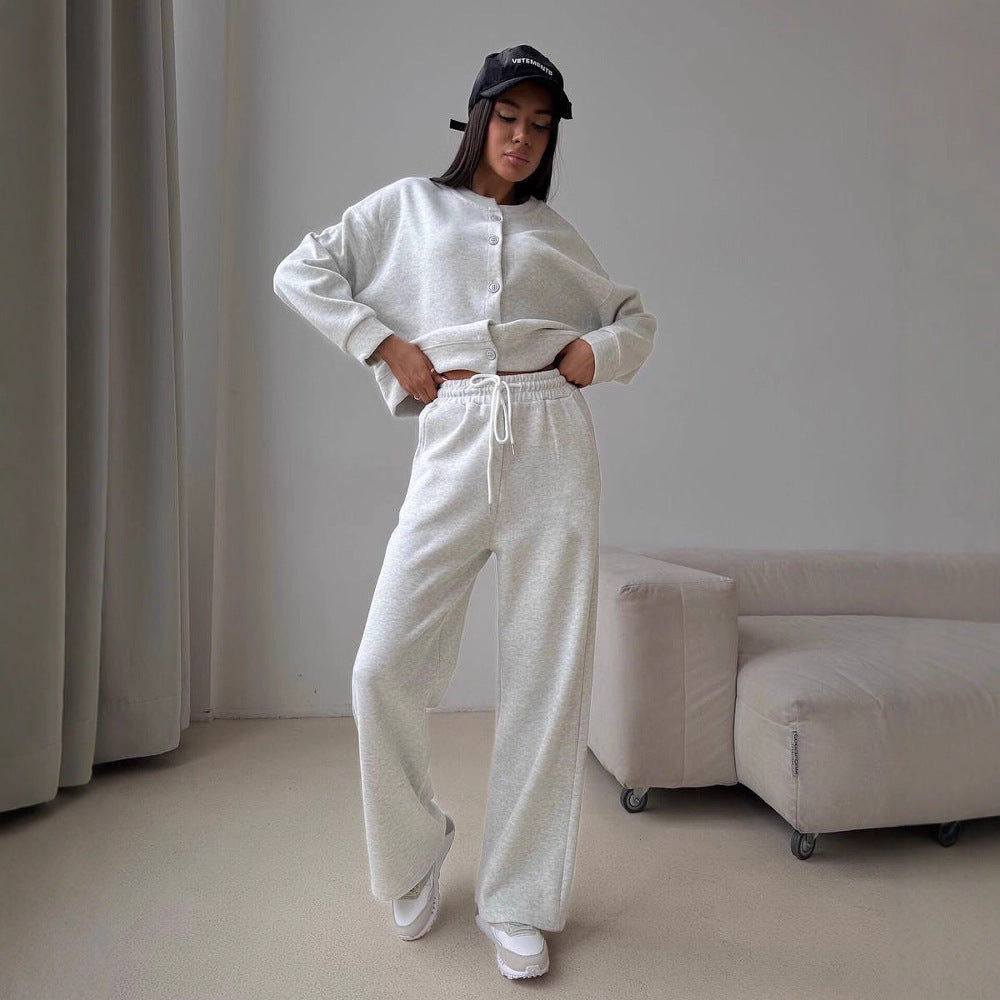 Pull-over décontracté pour femmes avec boutons et pantalon de jogging confortable Chic und Stil