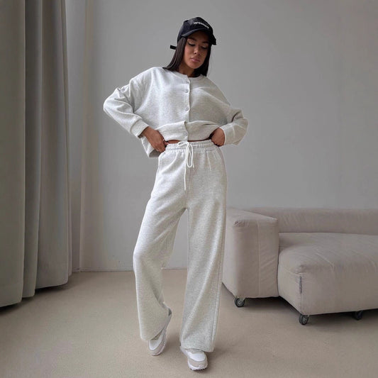 Pull-over décontracté pour femmes avec boutons et pantalon de jogging confortable Chic und Stil