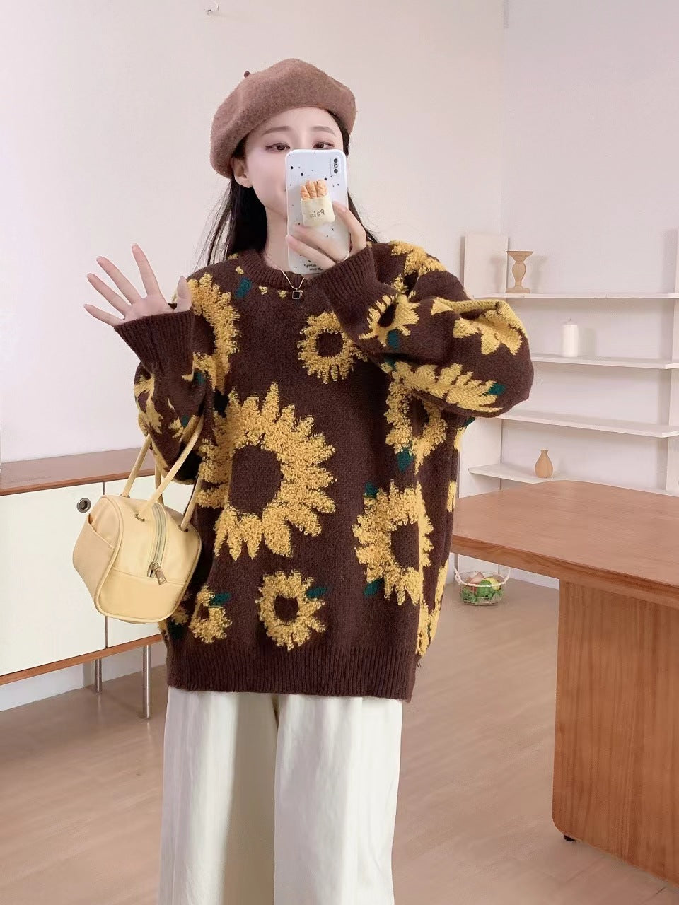 Thick knit pullover for ladies with floral appliqués Chic and Style