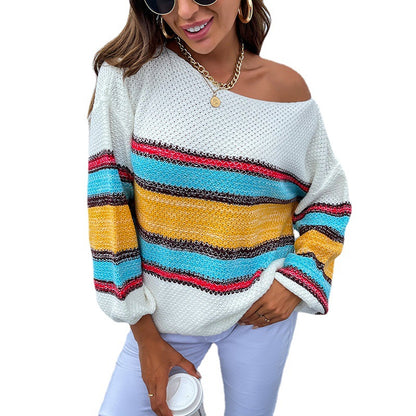 Pull en tricot décontracté pour femmes avec un décolleté large et un motif rayé unique Chic und Stil
