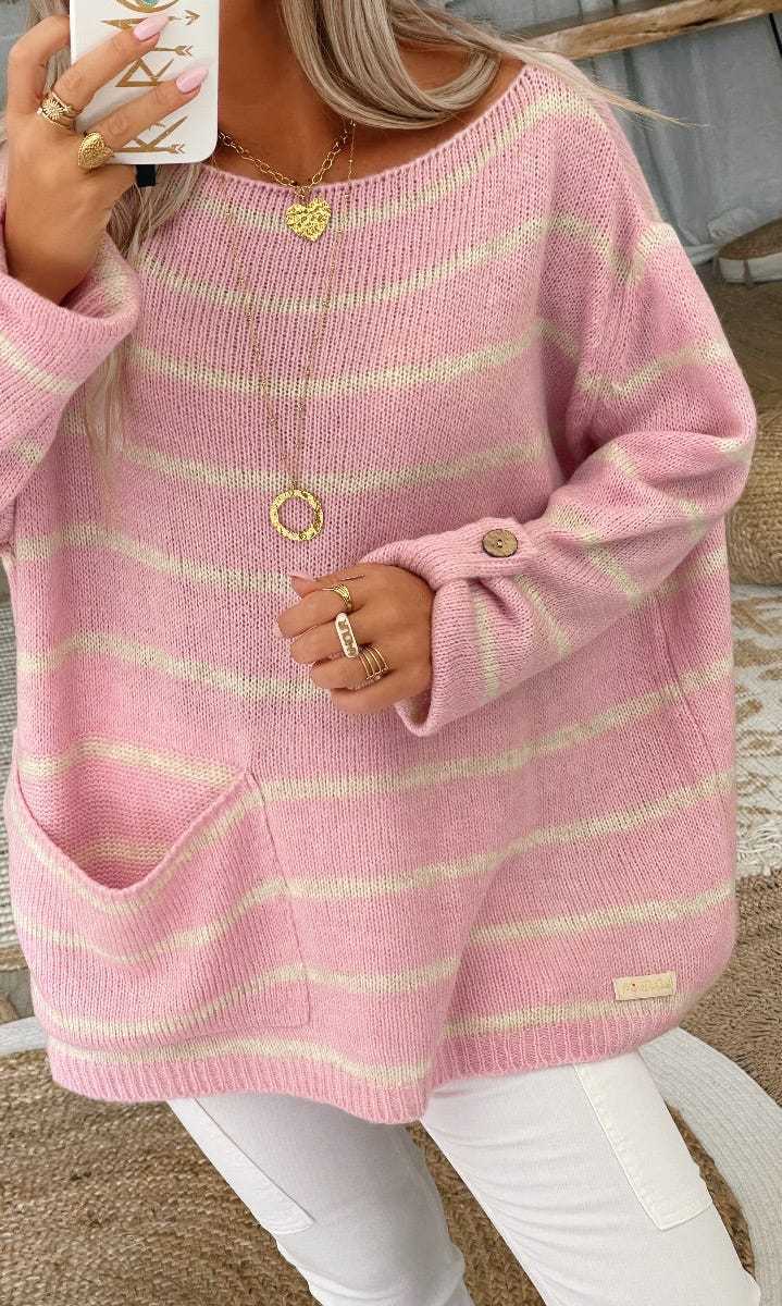 Pull en tricot surdimensionné pour femmes avec des rayures élégantes et des poches pratiques Chic und Stil