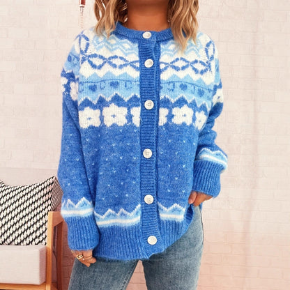 Dames cardigan confortable avec des motifs bleus et fermeture à boutons Chic und Stil