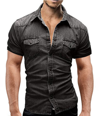 Chemise en denim à manches courtes pour hommes avec poches à rabat classiques Chic und Stil