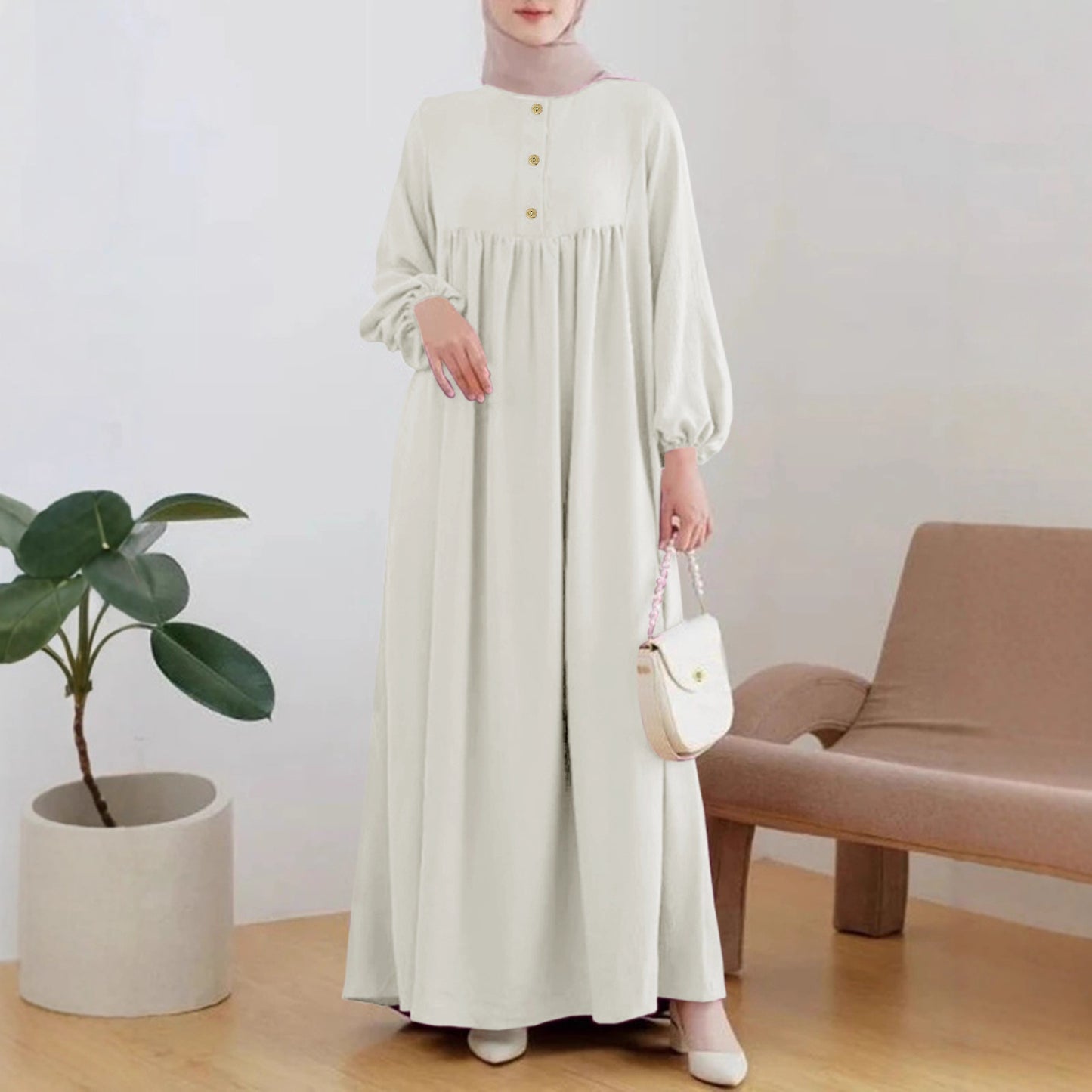 Robe maxi légère pour femme avec boutonnage confortable et élégantes manches bouffantes Chic und Stil