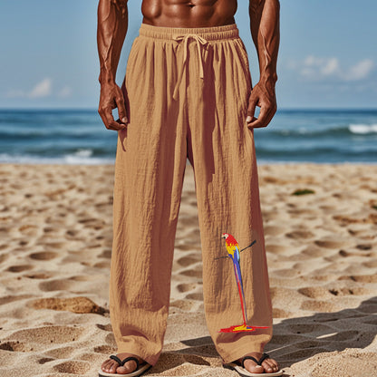Casual beach pants for men with elastic waistband and colorful bird pattern Chic and Style