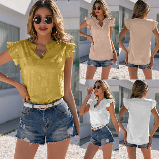Dames élégante blouse à manches courtes avec col froncé et décolleté en V Chic und Stil