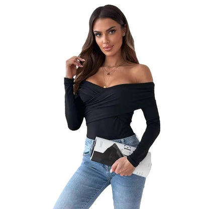 Dames Élégant haut croisé à design épaules nues et manches longues Chic und Stil