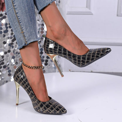 Dames Élégantes Escarpins à Talons Hauts avec Design de Crocodile Brillant et Talon Marquant Chic und Stil