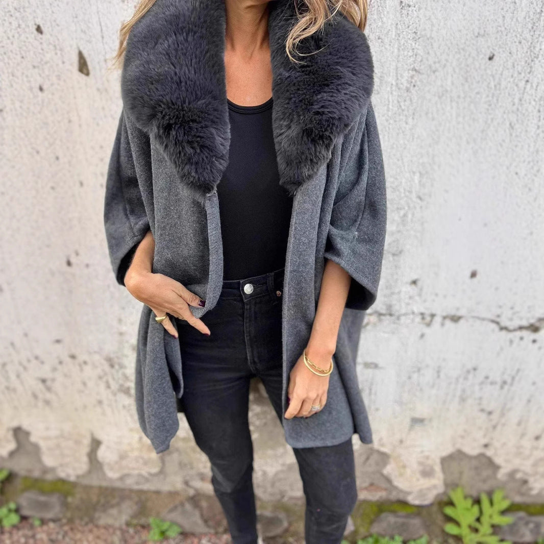 Dames Élégante Veste en Laine avec Col en Fourrure Synthétique Luxueux Chic und Stil